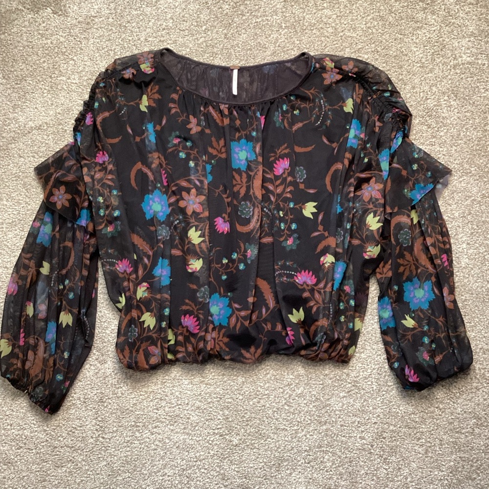 FREE PEOPLE Black Wildflower Honey Floral Stretch Mesh Blouse Ruffle Top Medium - Picture 4 of 6